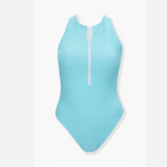 FOREVER 21 Plus zip front one-piece swimsuit Aqua Blue high waist 1X - Picture 1 of 8